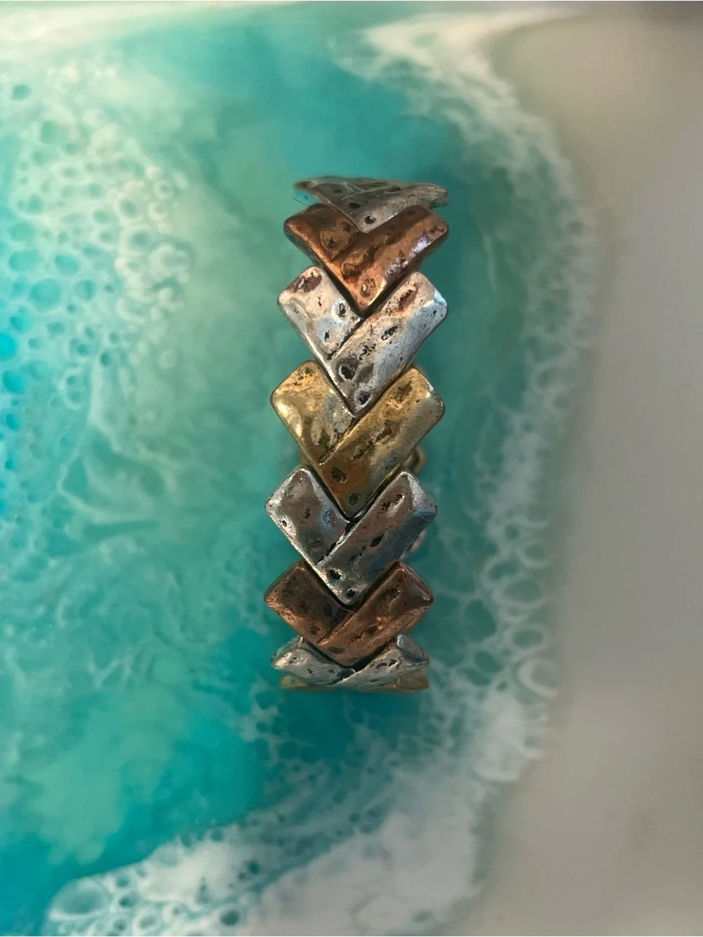 Mixed Metal Chevron Stretch Bracelet Silver Gold Copper Tone Boho